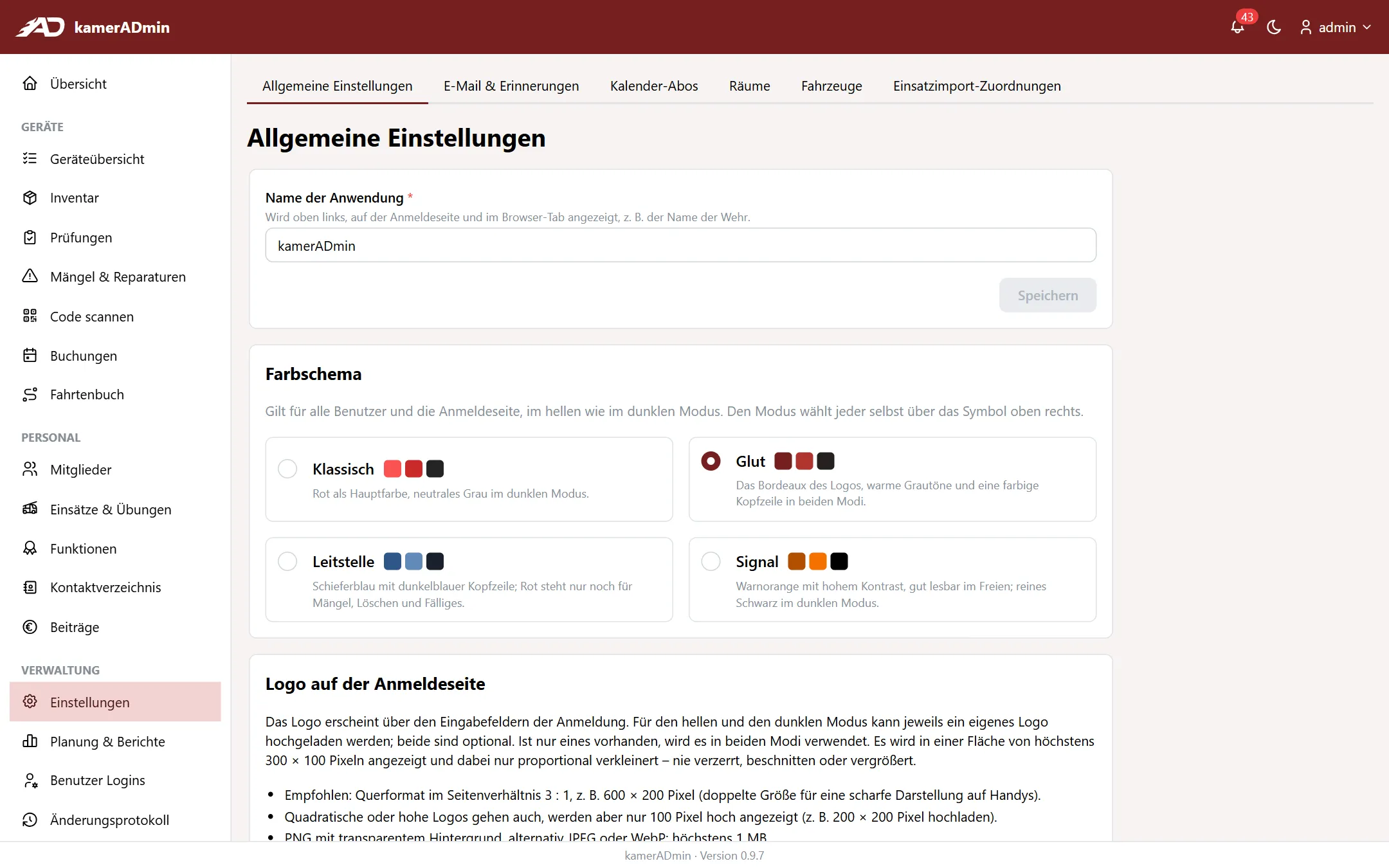 Allgemeine Einstellungen mit Name und Farbschema