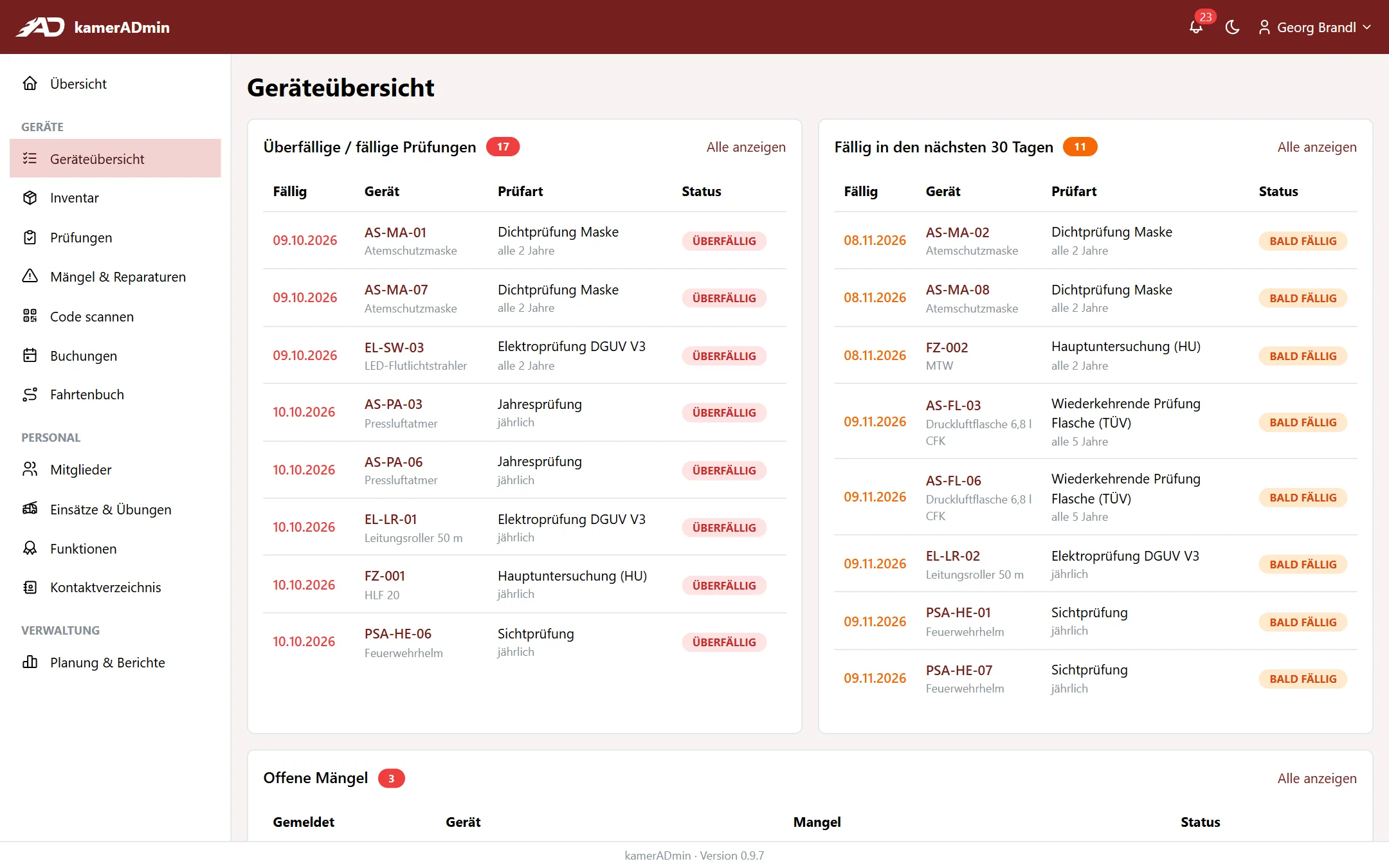 Geräteübersicht mit fälligen und überfälligen Prüfungen