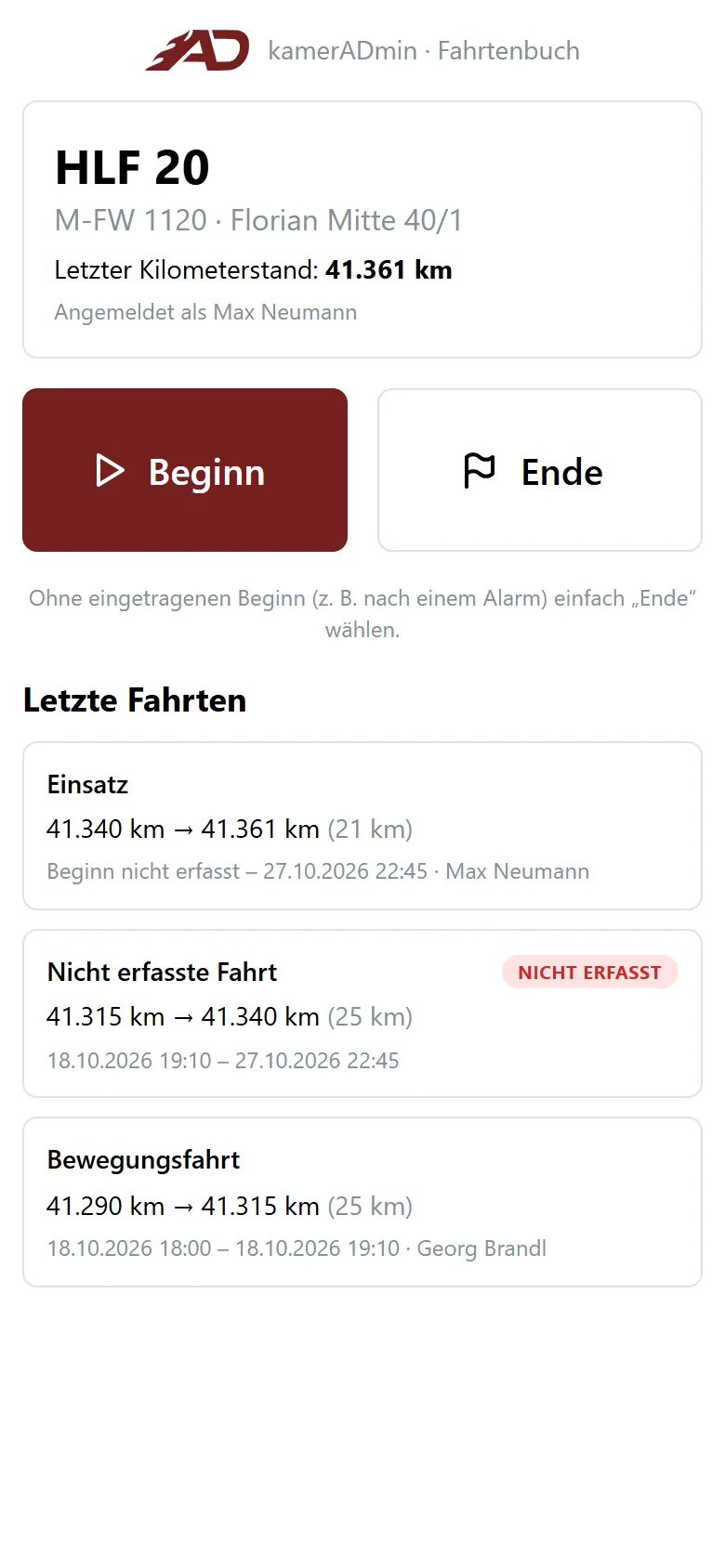 Fahrtenbuch am Handy mit Schaltflächen für Beginn und Ende einer Fahrt