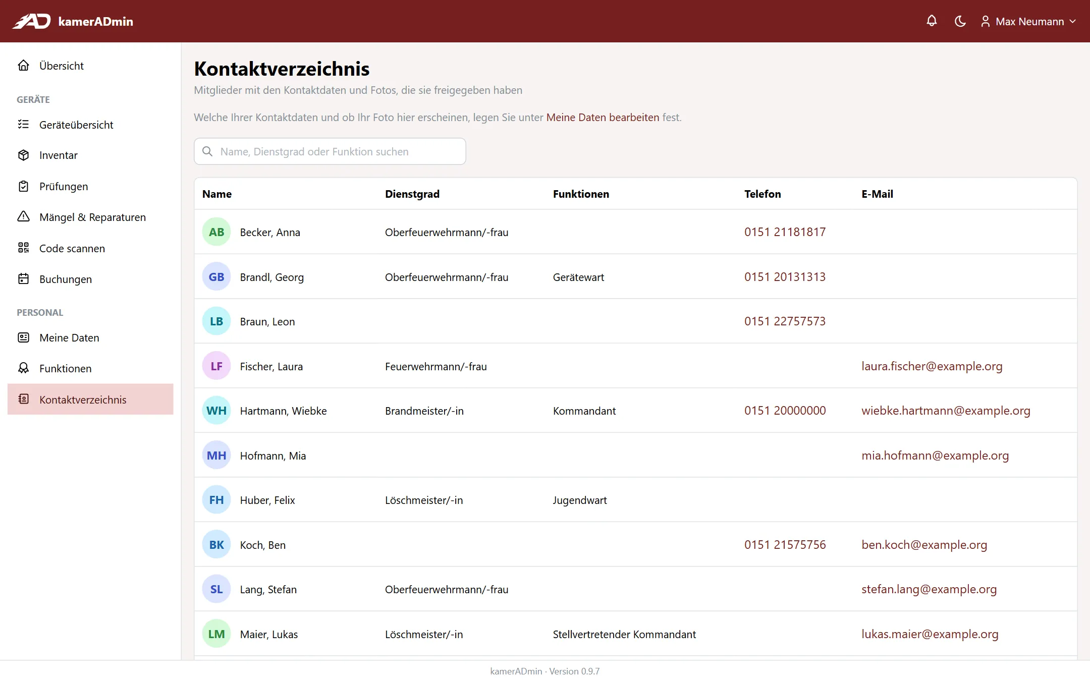 Kontaktverzeichnis mit freigegebenen Kontaktdaten