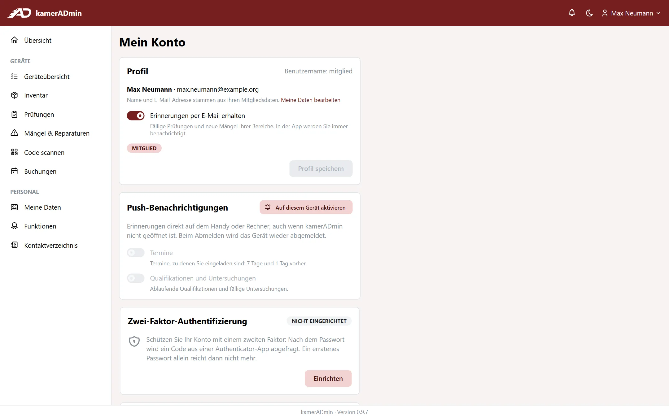 Seite Mein Konto mit Push-Benachrichtigungen und Zwei-Faktor-Authentifizierung