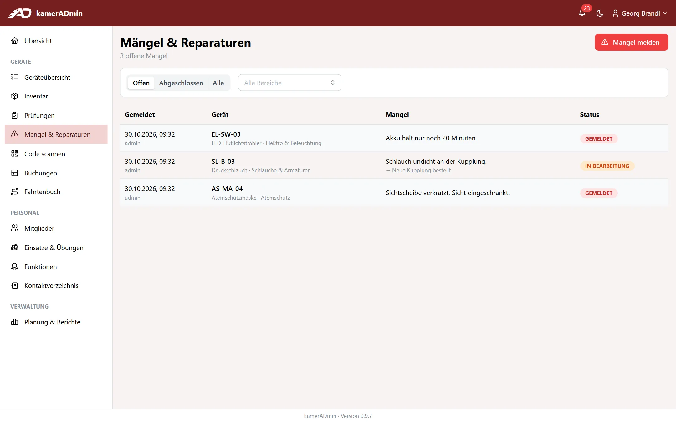 Mängel und Reparaturen mit offenen Mängeln und Status