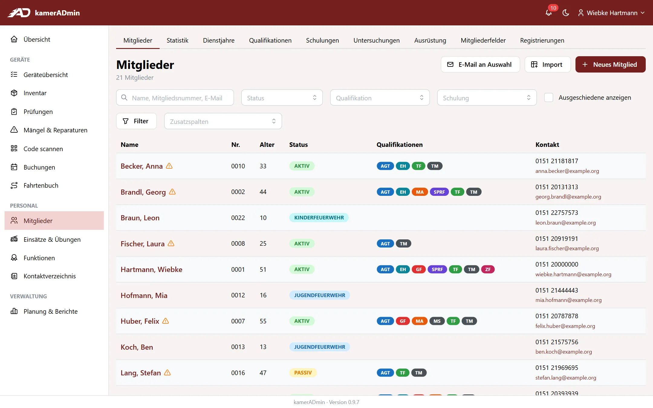 Mitgliederliste mit Status und Qualifikationen